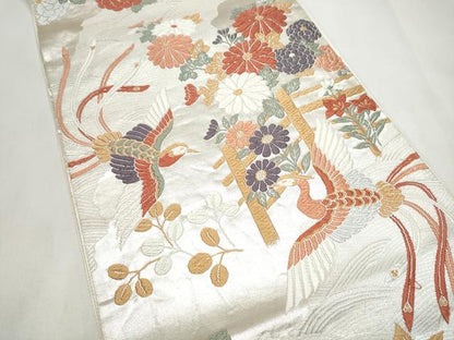 平和屋着物●六通柄袋帯 唐織 花鳥文 銀糸 正絹 逸品 CABL5180hy