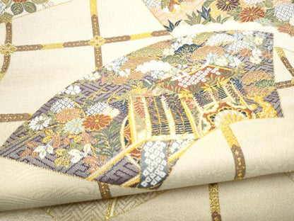 平和屋着物●六通柄袋帯 唐織 地紙御所車花文 金糸 正絹 逸品 CABL5181hy