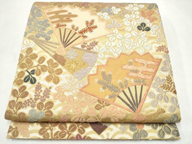 平和屋着物●六通柄袋帯 唐織 扇面エ霞松葉文 金糸 正絹 逸品 CABL5194hy