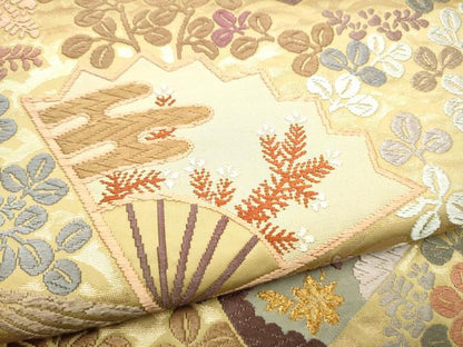 平和屋着物●六通柄袋帯 唐織 扇面エ霞松葉文 金糸 正絹 逸品 CABL5194hy