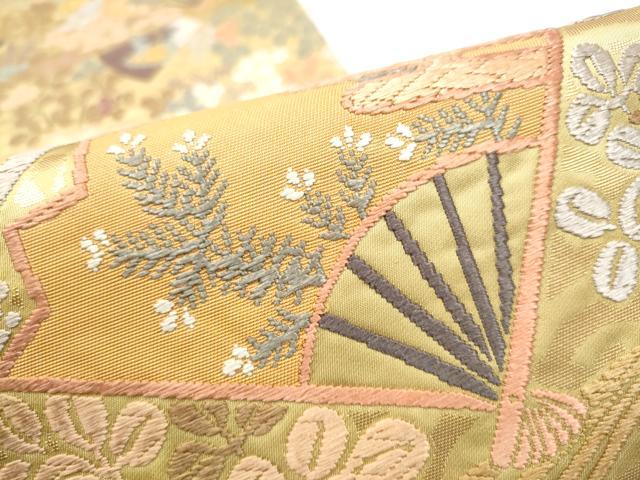 平和屋着物●六通柄袋帯 唐織 扇面エ霞松葉文 金糸 正絹 逸品 CABL5194hy