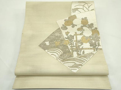 平和屋着物＊夏物　太鼓柄袋帯　絽綴れ　総刺繍　駒刺繍　区限刺繍　絽刺し　色紙重ね草花文　金糸　正絹　逸品　CABL5204rv