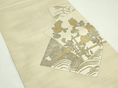 平和屋着物＊夏物　太鼓柄袋帯　絽綴れ　総刺繍　駒刺繍　区限刺繍　絽刺し　色紙重ね草花文　金糸　正絹　逸品　CABL5204rv