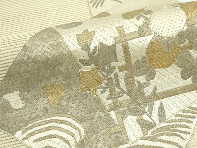 平和屋着物＊夏物　太鼓柄袋帯　絽綴れ　総刺繍　駒刺繍　区限刺繍　絽刺し　色紙重ね草花文　金糸　正絹　逸品　CABL5204rv