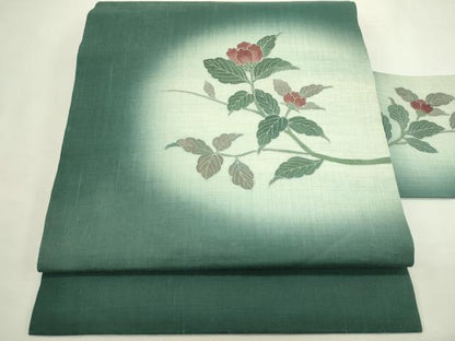 平和屋着物＊夏物　九寸名古屋帯　草花文　銀彩　麻　逸品　CABL5234rv
