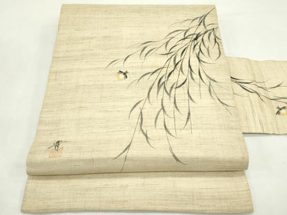 平和屋着物＊夏物　九寸名古屋帯　作家物　手描き　枝垂れ柳　蛍　麻　逸品　CABL5256rv