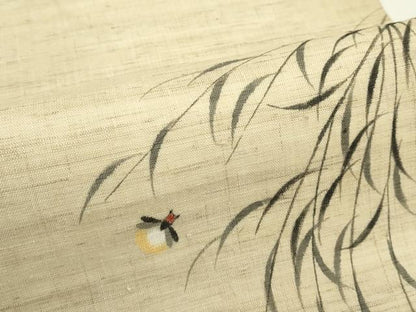 平和屋着物＊夏物　九寸名古屋帯　作家物　手描き　枝垂れ柳　蛍　麻　逸品　CABL5256rv