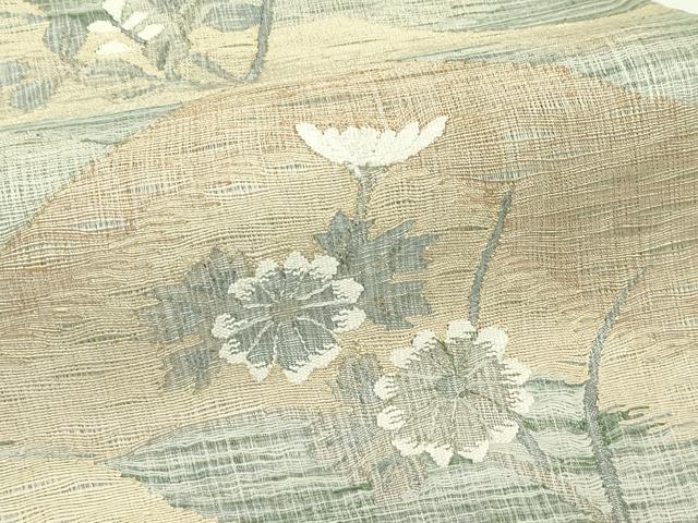 平和屋着物＊夏物　太鼓柄袋帯　すくい織　遠山秋草文　金糸　正絹　逸品　CABL5261rv