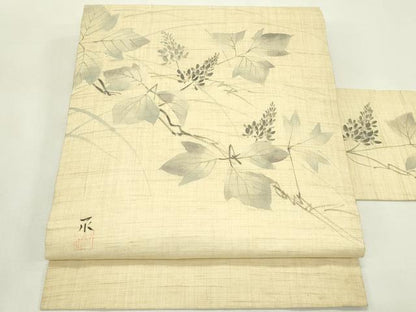 平和屋着物＊夏物　九寸名古屋帯　作家物　手描き　草花文　麻　逸品　CABL5276rv