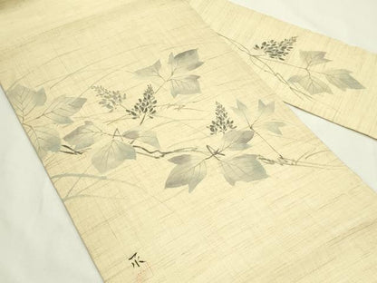 平和屋着物＊夏物　九寸名古屋帯　作家物　手描き　草花文　麻　逸品　CABL5276rv