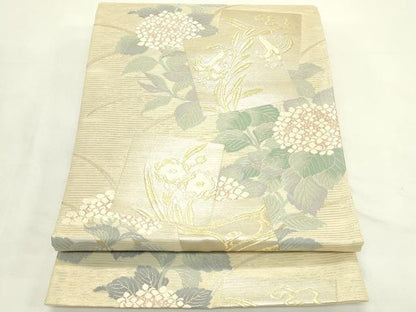 平和屋着物＊夏物　六通柄袋帯　唐織　色紙重ね草花文　紫陽花　いざよい　金銀糸　正絹　逸品　未使用　CABL5292rv