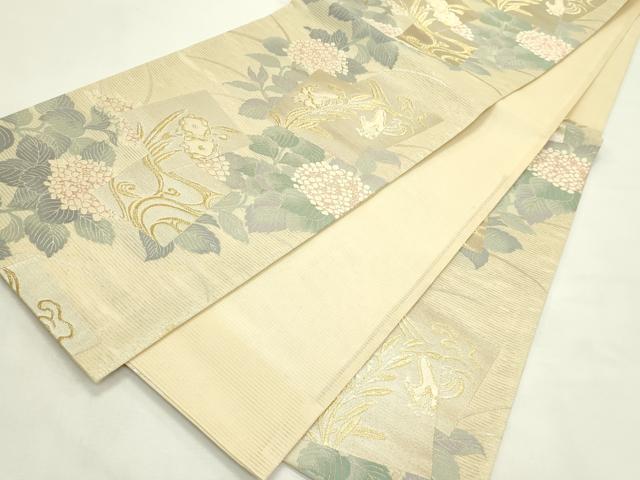 平和屋着物＊夏物　六通柄袋帯　唐織　色紙重ね草花文　紫陽花　いざよい　金銀糸　正絹　逸品　未使用　CABL5292rv