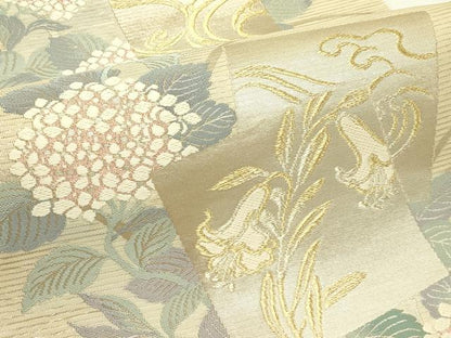 平和屋着物＊夏物　六通柄袋帯　唐織　色紙重ね草花文　紫陽花　いざよい　金銀糸　正絹　逸品　未使用　CABL5292rv