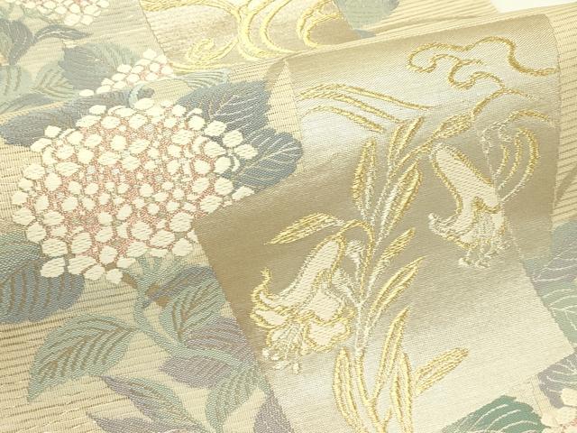 平和屋着物＊夏物　六通柄袋帯　唐織　色紙重ね草花文　紫陽花　いざよい　金銀糸　正絹　逸品　未使用　CABL5292rv