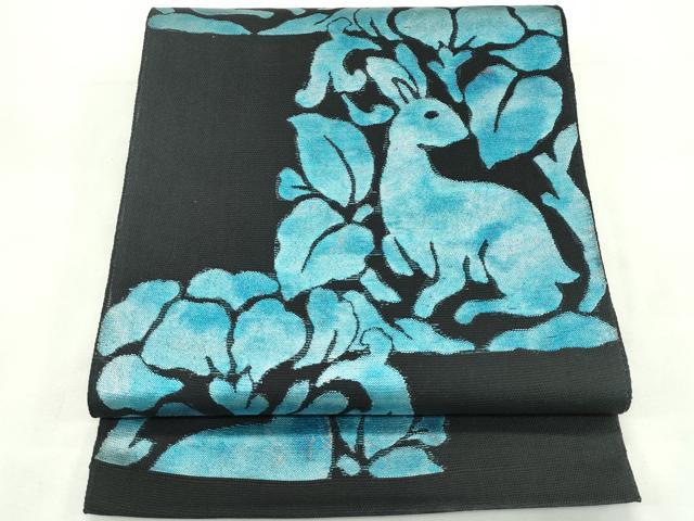 平和屋着物＊夏物　六通柄袋帯　兎　黒地　正絹　逸品　CABL5309rv