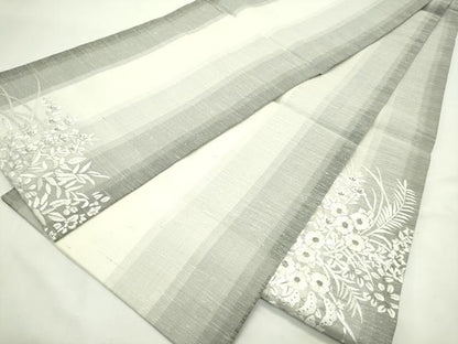 平和屋着物＊夏物　太鼓柄袋帯　紬地　総刺繍　秋草文　銀糸　鈴乃屋扱い　正絹　逸品　未使用　CABL5316rv