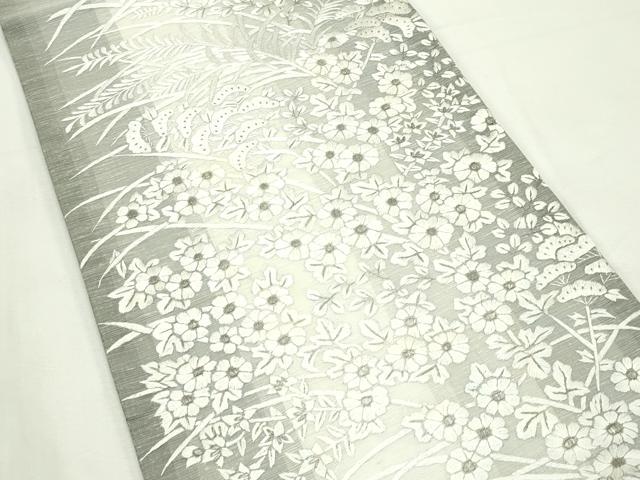 平和屋着物＊夏物　太鼓柄袋帯　紬地　総刺繍　秋草文　銀糸　鈴乃屋扱い　正絹　逸品　未使用　CABL5316rv