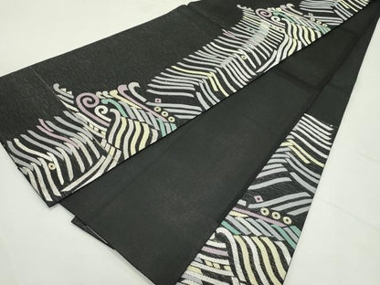 平和屋着物＊夏物　六通柄袋帯　抽象文　黒地　金銀糸　正絹　逸品　CABL5339rv