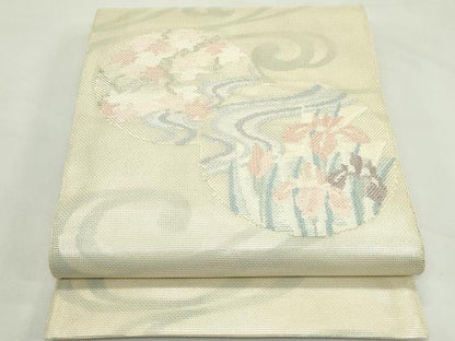 平和屋着物＊夏物　太鼓柄袋帯　流水草花丸文　銀糸　正絹　逸品　未使用　CABL5370rv