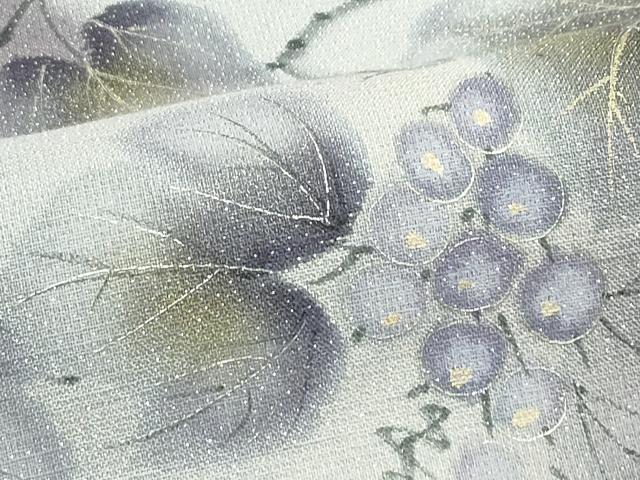 平和屋着物＊夏物　太鼓柄袋帯　手描き　紬地　葡萄蔦の葉文　金彩　銀通し地　正絹　逸品　CABL5374rv