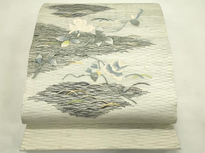 平和屋着物＊夏物　太鼓柄袋帯　すくい織　草花文　銀糸　正絹　逸品　CABL5407rv