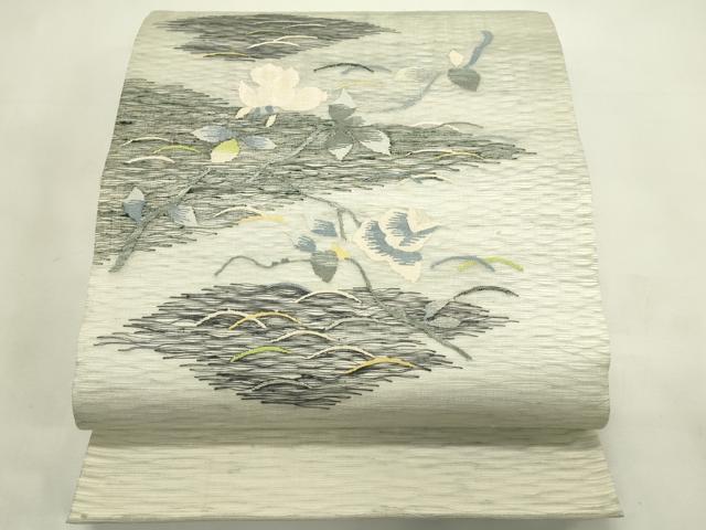 平和屋着物＊夏物　太鼓柄袋帯　すくい織　草花文　銀糸　正絹　逸品　CABL5407rv