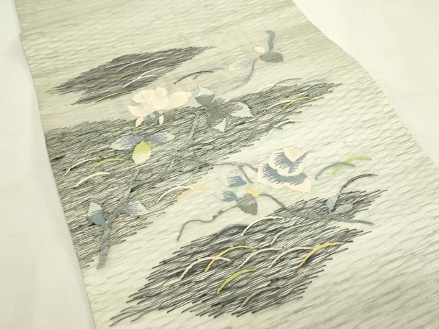 平和屋着物＊夏物　太鼓柄袋帯　すくい織　草花文　銀糸　正絹　逸品　CABL5407rv