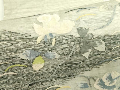 平和屋着物＊夏物　太鼓柄袋帯　すくい織　草花文　銀糸　正絹　逸品　CABL5407rv