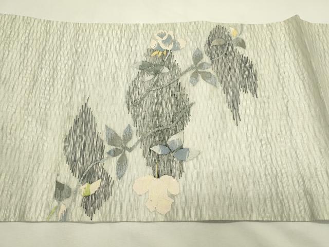 平和屋着物＊夏物　太鼓柄袋帯　すくい織　草花文　銀糸　正絹　逸品　CABL5407rv