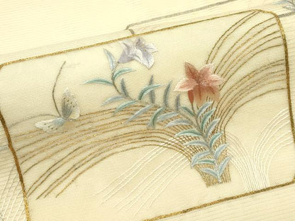 平和屋着物＊夏物　太鼓柄袋帯　総刺繍　花蝶文　金銀糸　正絹　逸品　CABL5435rv