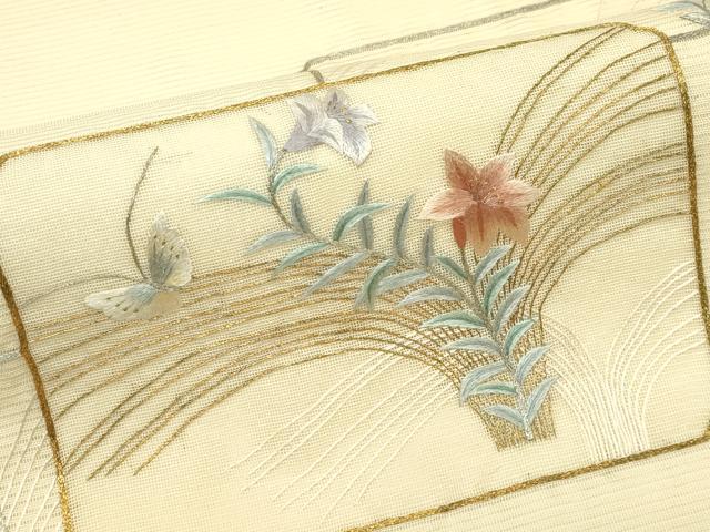 平和屋着物＊夏物　太鼓柄袋帯　総刺繍　花蝶文　金銀糸　正絹　逸品　CABL5435rv