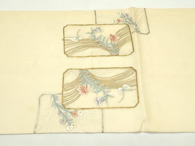 平和屋着物＊夏物　太鼓柄袋帯　総刺繍　花蝶文　金銀糸　正絹　逸品　CABL5435rv