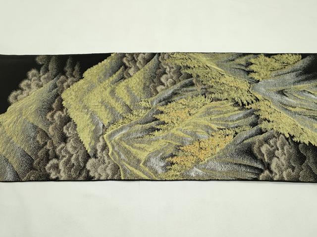 平和屋着物＊夏物　六通柄　本袋帯　遠山樹林文　黒地　金銀糸　正絹　逸品　CABL5468rv