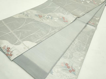 平和屋着物＊夏物　六通柄袋帯　唐織　草花文　銀糸　正絹　逸品　CABL5497rv