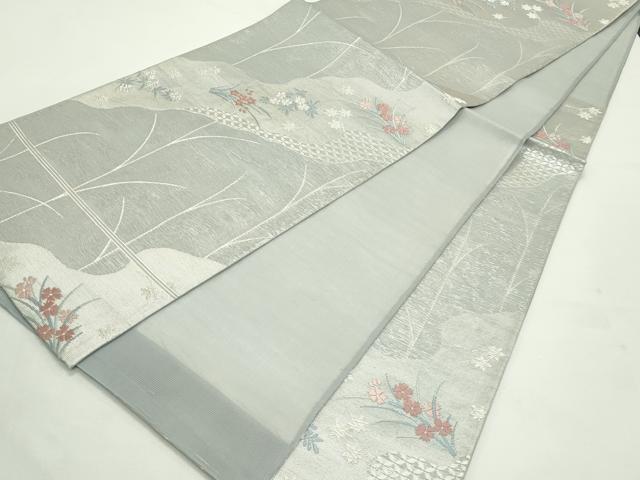 平和屋着物＊夏物　六通柄袋帯　唐織　草花文　銀糸　正絹　逸品　CABL5497rv