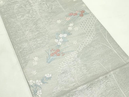 平和屋着物＊夏物　六通柄袋帯　唐織　草花文　銀糸　正絹　逸品　CABL5497rv