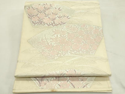 平和屋着物＊夏物　六通柄袋帯　地紙草花文　銀糸　正絹　逸品　CABL5511rv