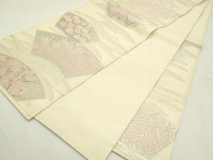 平和屋着物＊夏物　六通柄袋帯　地紙草花文　銀糸　正絹　逸品　CABL5511rv