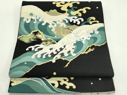 平和屋着物＊夏物　太鼓柄袋帯　絽綴れ　立波文　黒地　金銀糸　正絹　逸品　未使用　CABL5514rv