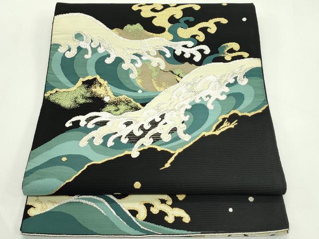 平和屋着物＊夏物　太鼓柄袋帯　絽綴れ　立波文　黒地　金銀糸　正絹　逸品　未使用　CABL5514rv