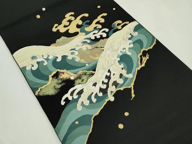 平和屋着物＊夏物　太鼓柄袋帯　絽綴れ　立波文　黒地　金銀糸　正絹　逸品　未使用　CABL5514rv