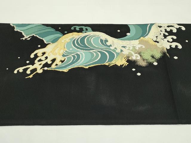 平和屋着物＊夏物　太鼓柄袋帯　絽綴れ　立波文　黒地　金銀糸　正絹　逸品　未使用　CABL5514rv