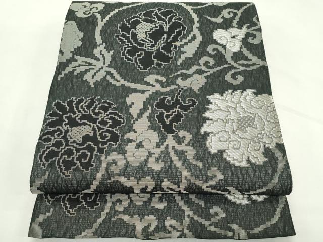 平和屋着物＊夏物　両面　六通柄袋帯　花唐草文　黒地　銀糸　正絹　逸品　CABL5563rv