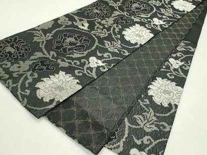 平和屋着物＊夏物　両面　六通柄袋帯　花唐草文　黒地　銀糸　正絹　逸品　CABL5563rv