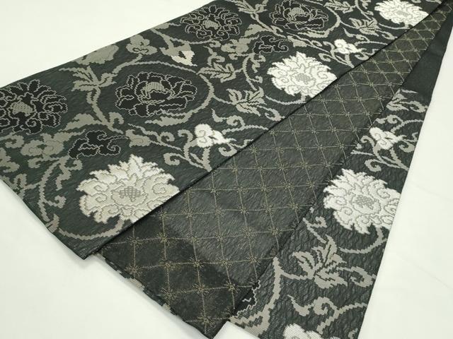 平和屋着物＊夏物　両面　六通柄袋帯　花唐草文　黒地　銀糸　正絹　逸品　CABL5563rv