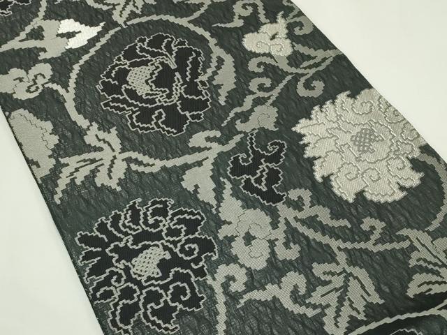 平和屋着物＊夏物　両面　六通柄袋帯　花唐草文　黒地　銀糸　正絹　逸品　CABL5563rv