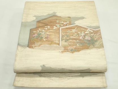 平和屋着物＊夏物　六通柄袋帯　雲取り屏風草花文　金糸　正絹　逸品　CABL5590rv