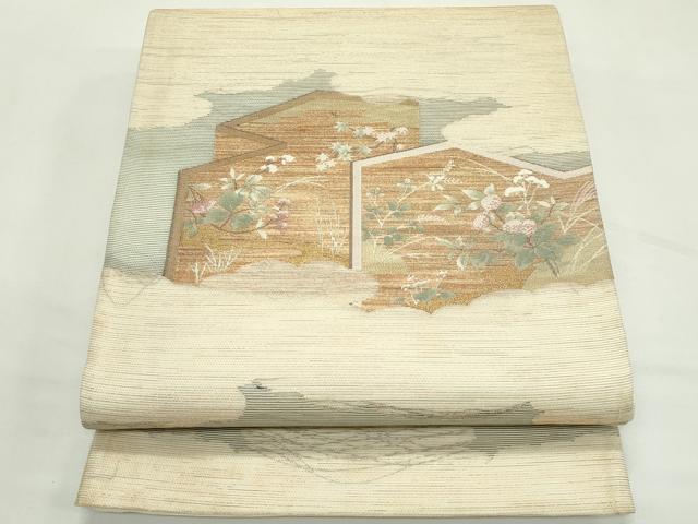 平和屋着物＊夏物　六通柄袋帯　雲取り屏風草花文　金糸　正絹　逸品　CABL5590rv