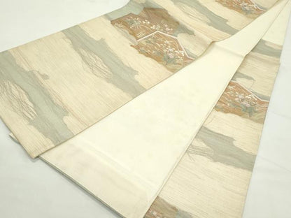 平和屋着物＊夏物　六通柄袋帯　雲取り屏風草花文　金糸　正絹　逸品　CABL5590rv