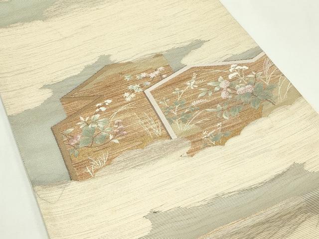 平和屋着物＊夏物　六通柄袋帯　雲取り屏風草花文　金糸　正絹　逸品　CABL5590rv